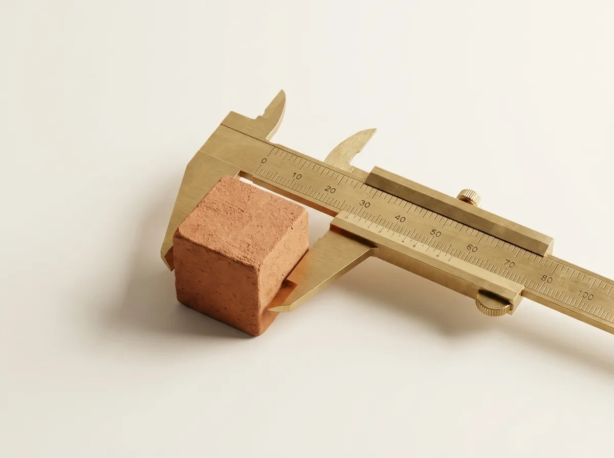 Calibre de latón midiendo un cubo de terracota sobre fondo hueso.