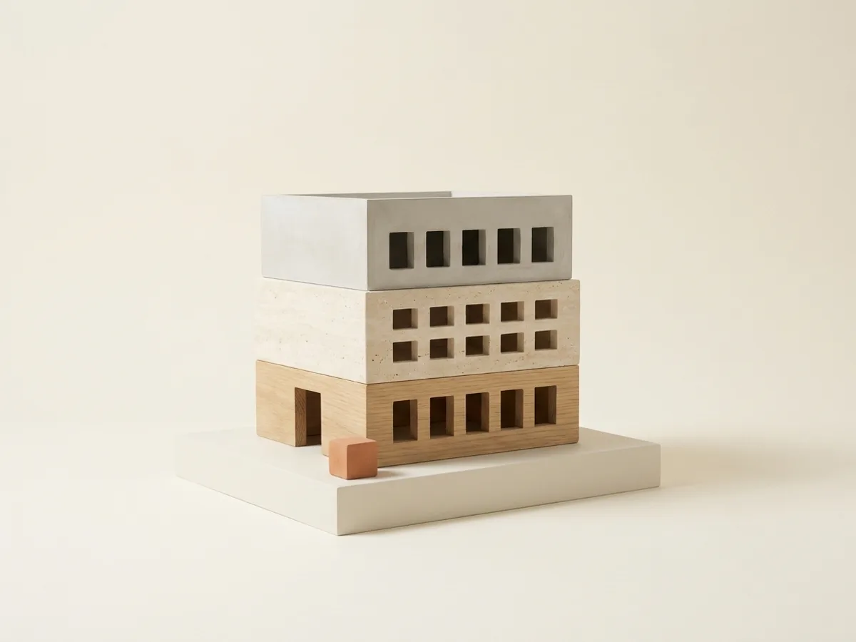 Maqueta de un edificio de tres plantas: planta baja de roble con su portal, primera de travertino y ático de microcemento, con retícula de ventanas y un cubo de terracota en la entrada.