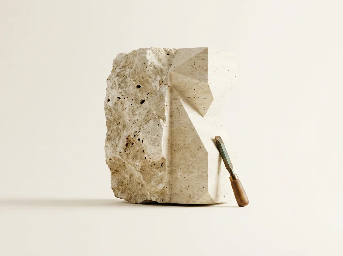 Bloque de travertino a medio tallar, con la mitad en roca bruta y la mitad en facetas geométricas, y un cincel de bronce apoyado en la base.