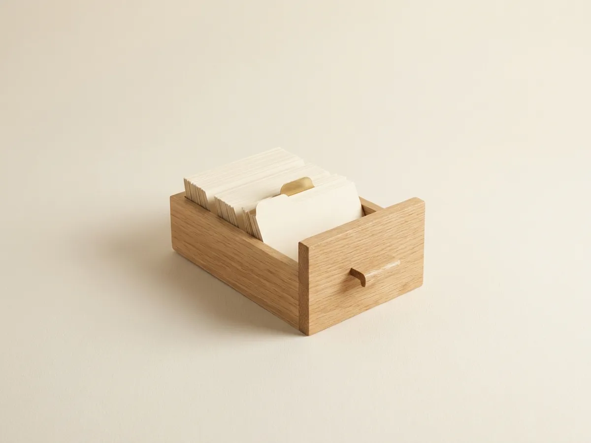 Cajón fichero de roble entreabierto con fichas crema