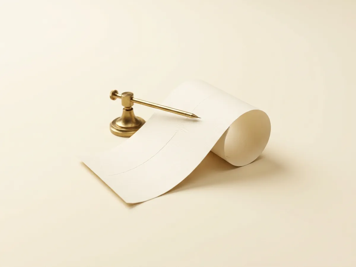 Sismógrafo de latón trazando sobre rollo de papel crema